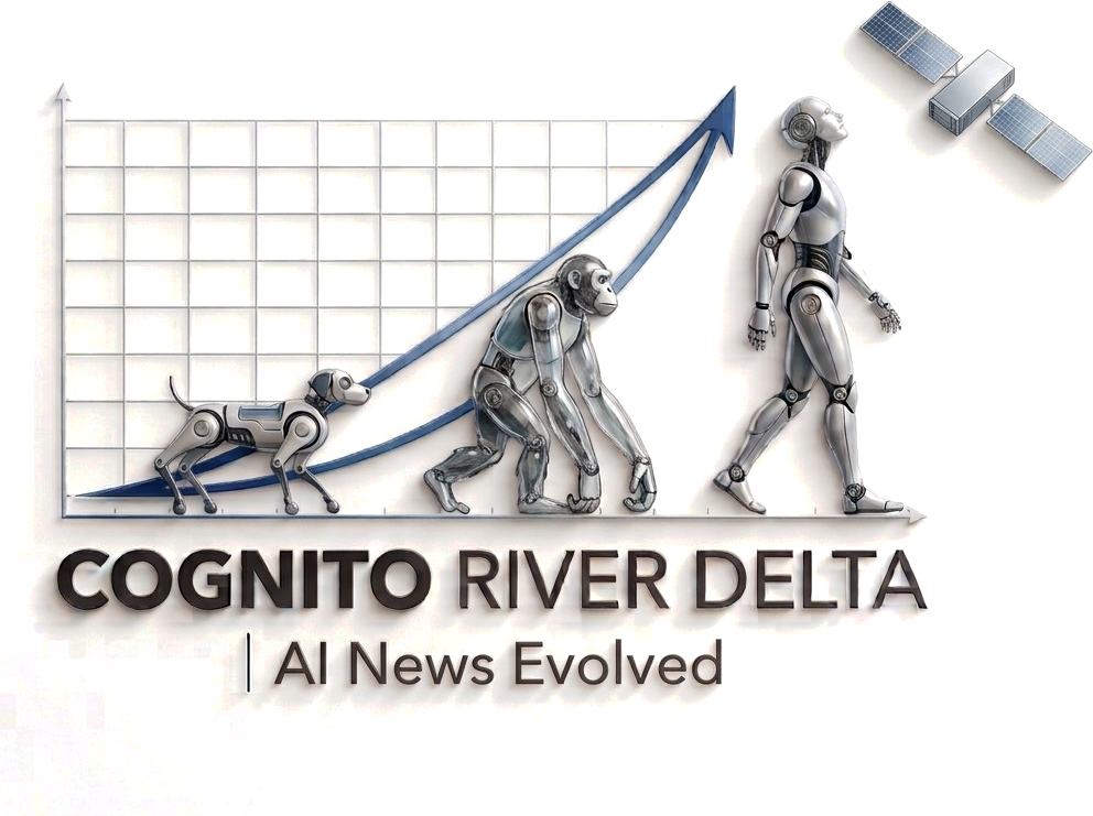 CognitoRiverDelta: a robot dog, a robot ape and an upright humanoid robot walk along a rising exponential curve toward an orbiting satellite. AI News Evolved.
